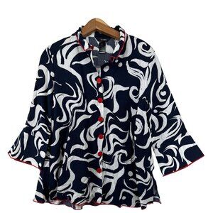 Ali Miles Women Top Sz S Navy Swirl ButtonUp Artsy Art2Wear  3/4-Slv Bell Modern